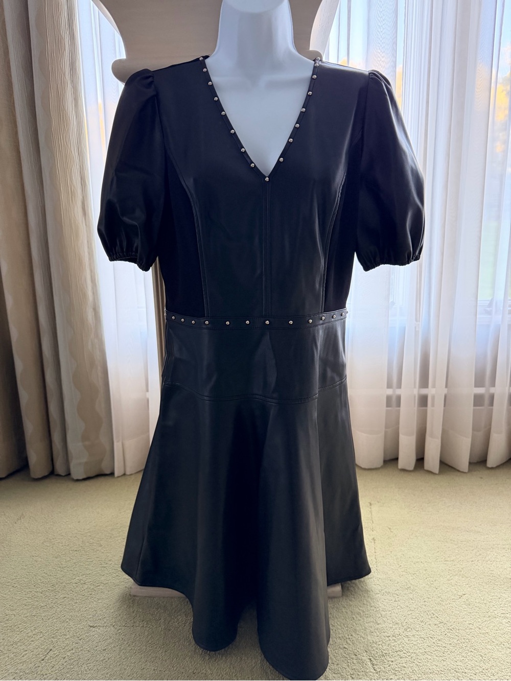 Karl Lagerfeld Black Faux Leather V-Neck Studded Puff-Sleeve Dress